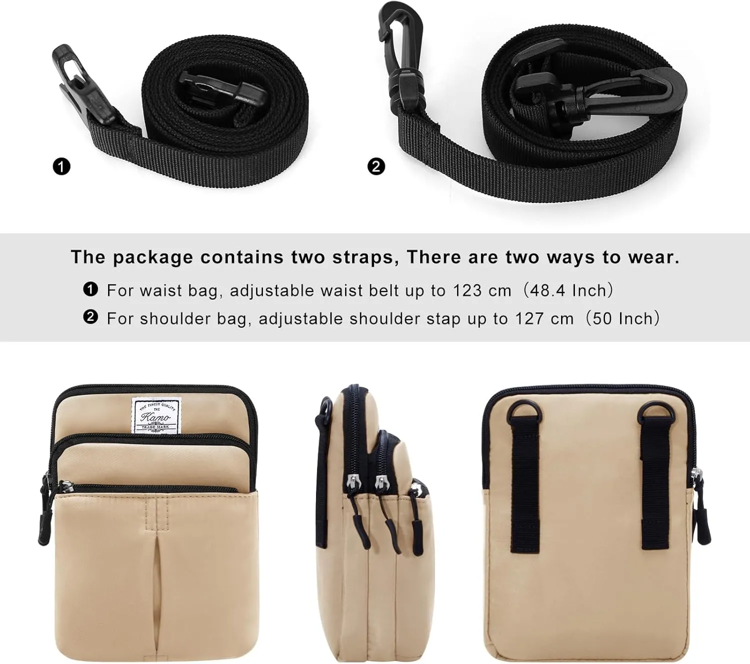 KAMO Multifunction Phone Bag One Shoulder Phone Waist Bag Diagonal Cross Bag Smart Phone Case Outdoor Bag Triple Zip Hipster Crossbody Purse for Women & Men