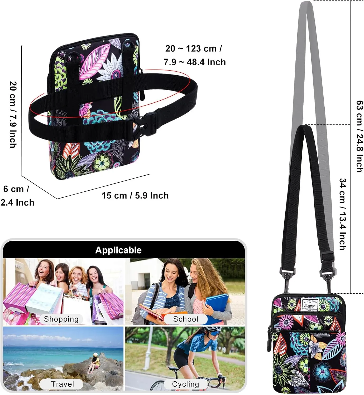 KAMO Multifunction Phone Bag - One Shoulder Waist Diagonal Cross Triple Zip Hipster Crossbody Purse for Women & Men - Outdoor Smart Phone Case