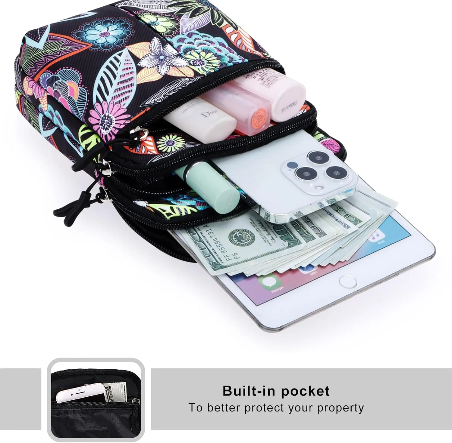 KAMO Multifunction Phone Bag - One Shoulder Waist Diagonal Cross Triple Zip Hipster Crossbody Purse for Women & Men - Outdoor Smart Phone Case