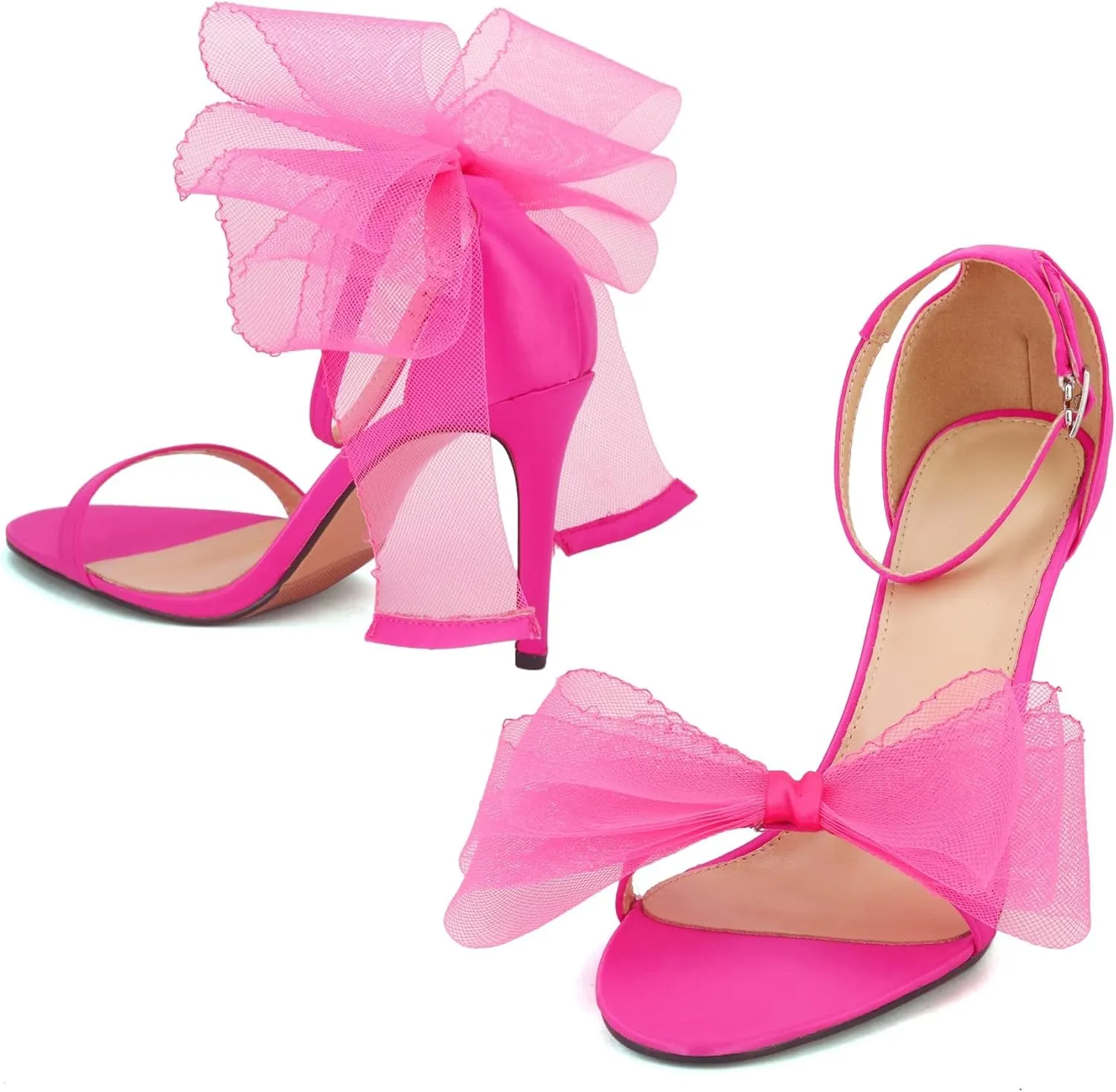 keleimusi Womens Wedding Sandals with Asymmetric Mesh Bows Dress Ankle Strap Stiletto Heels