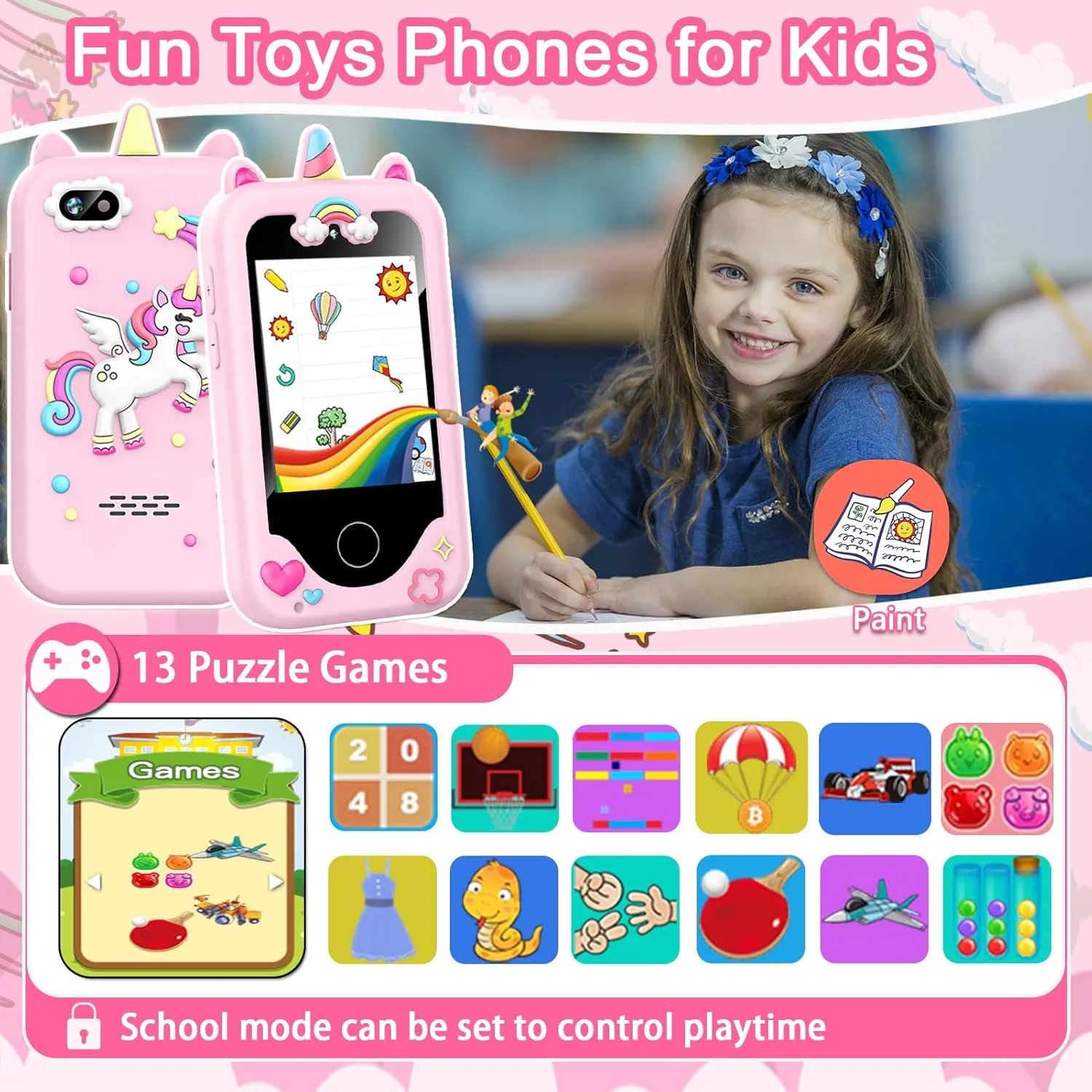 Kids Smart Phone for Girls Toys, Gifts for 3-10 Year Old Girl Boy Christmas Birthday Kids Toys, 2.8" Touchscreen Toddler Learning Cell Toy Phone with Dual Camera, Game, Music Player, 8GB Card Pink