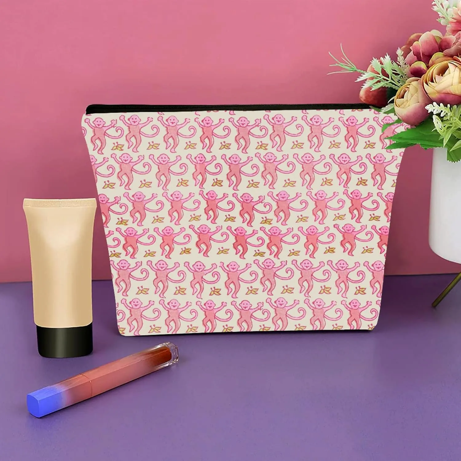 KNoRRS Chic Pink Preppy Makeup Bag - Elegant Zipper Pouch for Travel & Toiletries, Ideal Gift for Teen Girls & Roller Monkey Rabbit Lovers