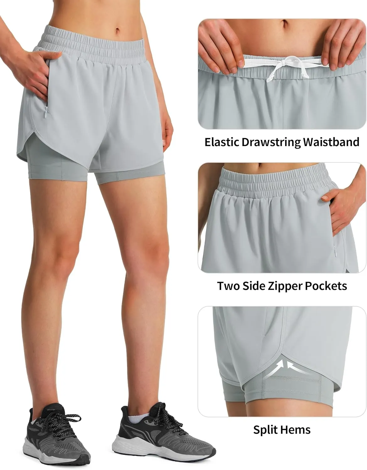 Ksmien Women's 2 in 1 Running Shorts Quick Dry Athletic Gym Workout Shorts with Liner Phone Pockets