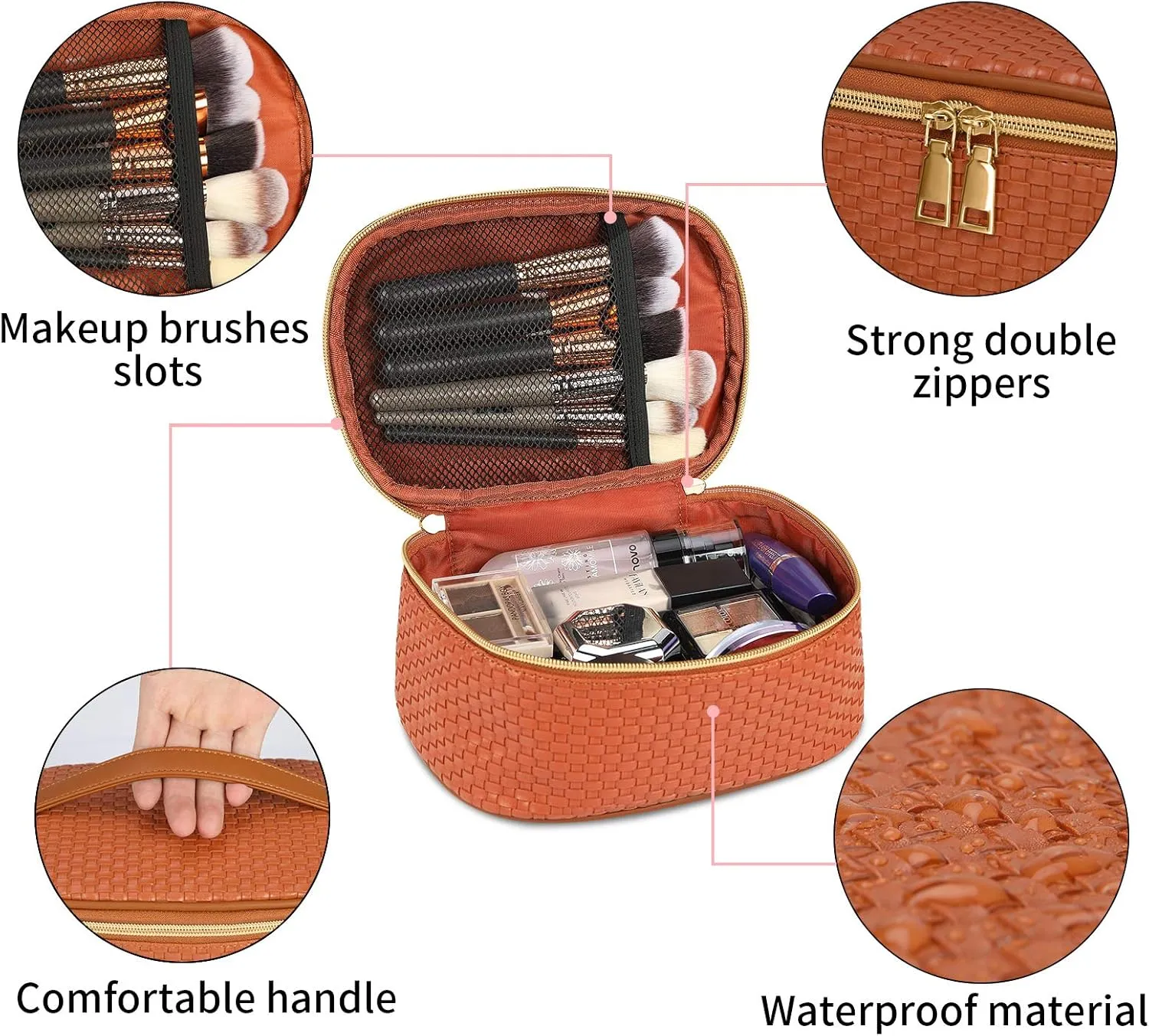KTMOUW Makeup Bag 3 Pcs Waterproof Cosmetic Bag Set Portable Travel Cosmetic Bag Multifunction Organizer Storage Bag Weave Toiletry Bag for Women, Brown