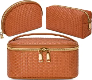 KTMOUW Makeup Bag 3 Pcs Waterproof Cosmetic Bag Set Portable Travel Cosmetic Bag Multifunction Organizer Storage Bag Weave Toiletry Bag for Women, Brown