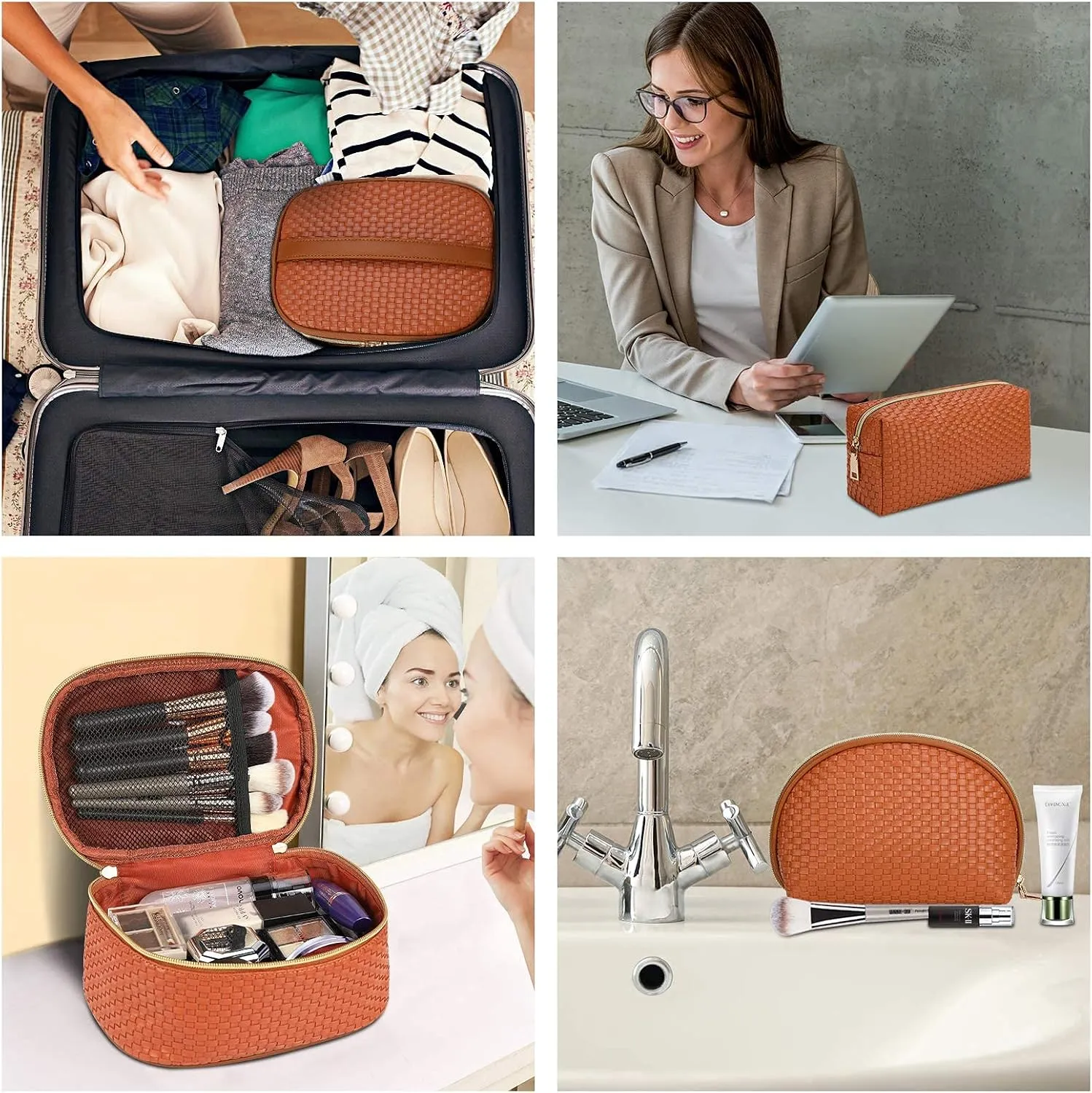 KTMOUW Makeup Bag 3 Pcs Waterproof Cosmetic Bag Set Portable Travel Cosmetic Bag Multifunction Organizer Storage Bag Weave Toiletry Bag for Women, Brown