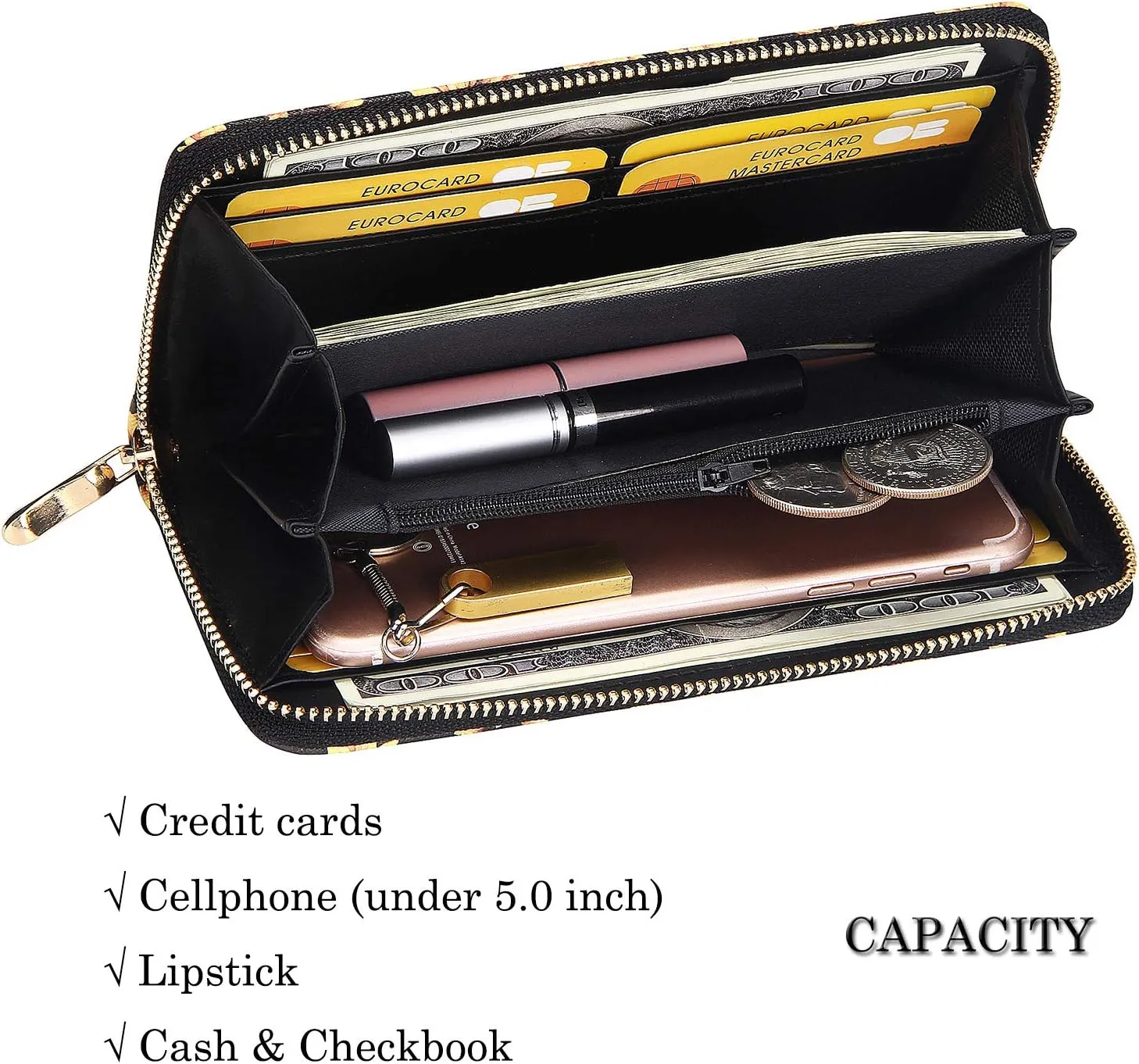 KUKOO Women’s Printed Zip Around Wallet Phone Clutch Purse Card Holder Organizer