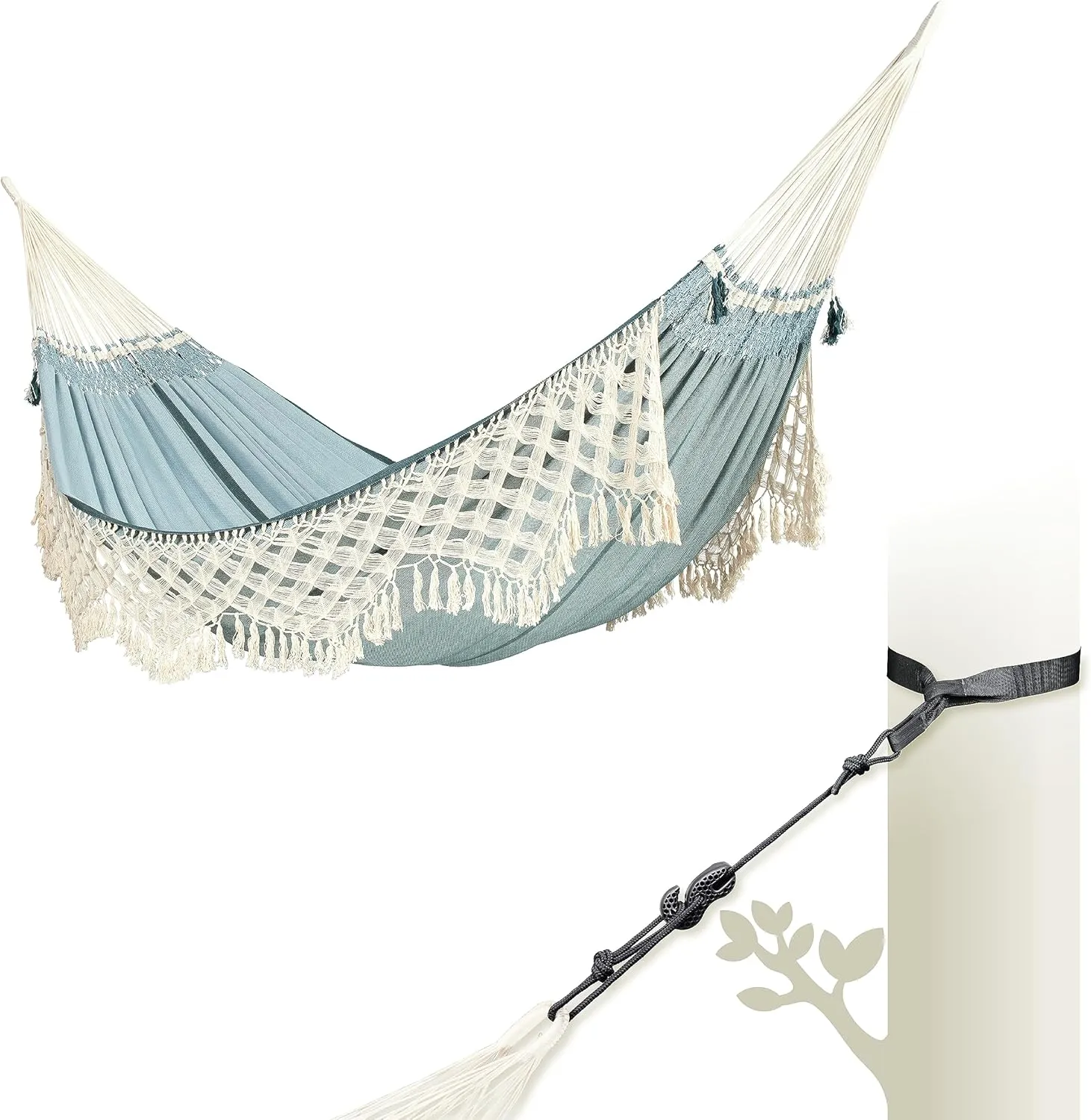 LA SIESTA® Bossanova Organic Cotton Hammock & Tree Mount Kit - Boho Hammock with Straps for Trees Beams Posts - Handmade in Brazil - Indoor Outdoor Hammock Bed, 2 Person Hammock - XL King, Fjord
