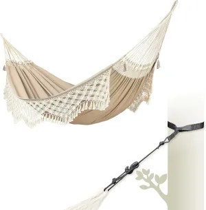LA SIESTA® Bossanova Organic Cotton Hammock & Tree Mount Kit - Boho Hammock with Straps for Trees Beams Posts - Handmade in Brazil - Indoor Outdoor Hammock Bed, 2 Person Hammock - XL King, Muscade