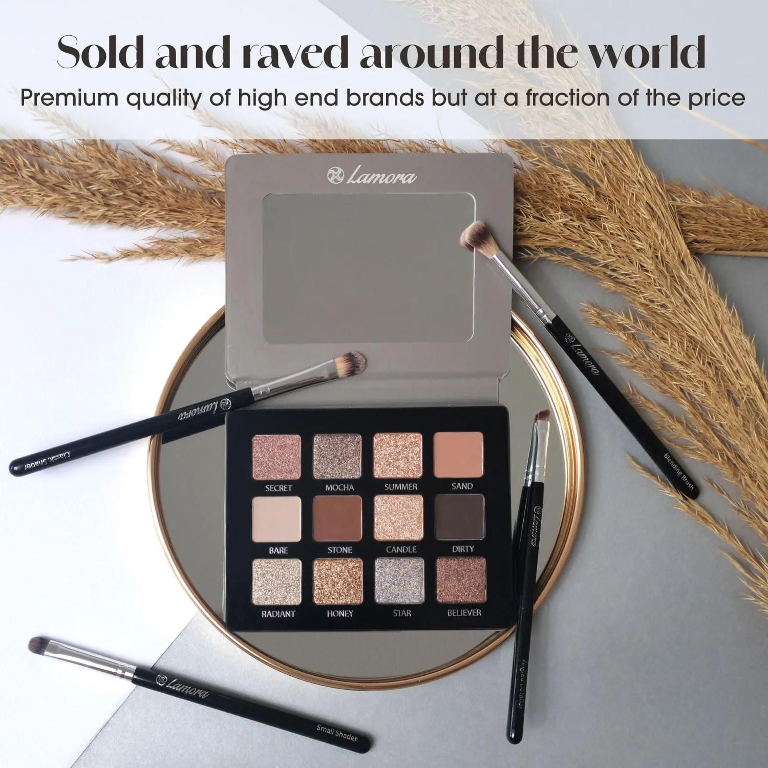 Lamora Nude Neutral Eyeshadow Palette - 12 Natural Highly Pigmented Shimmer & Matte Shades - Travel Size Makeup Palette with Mirror