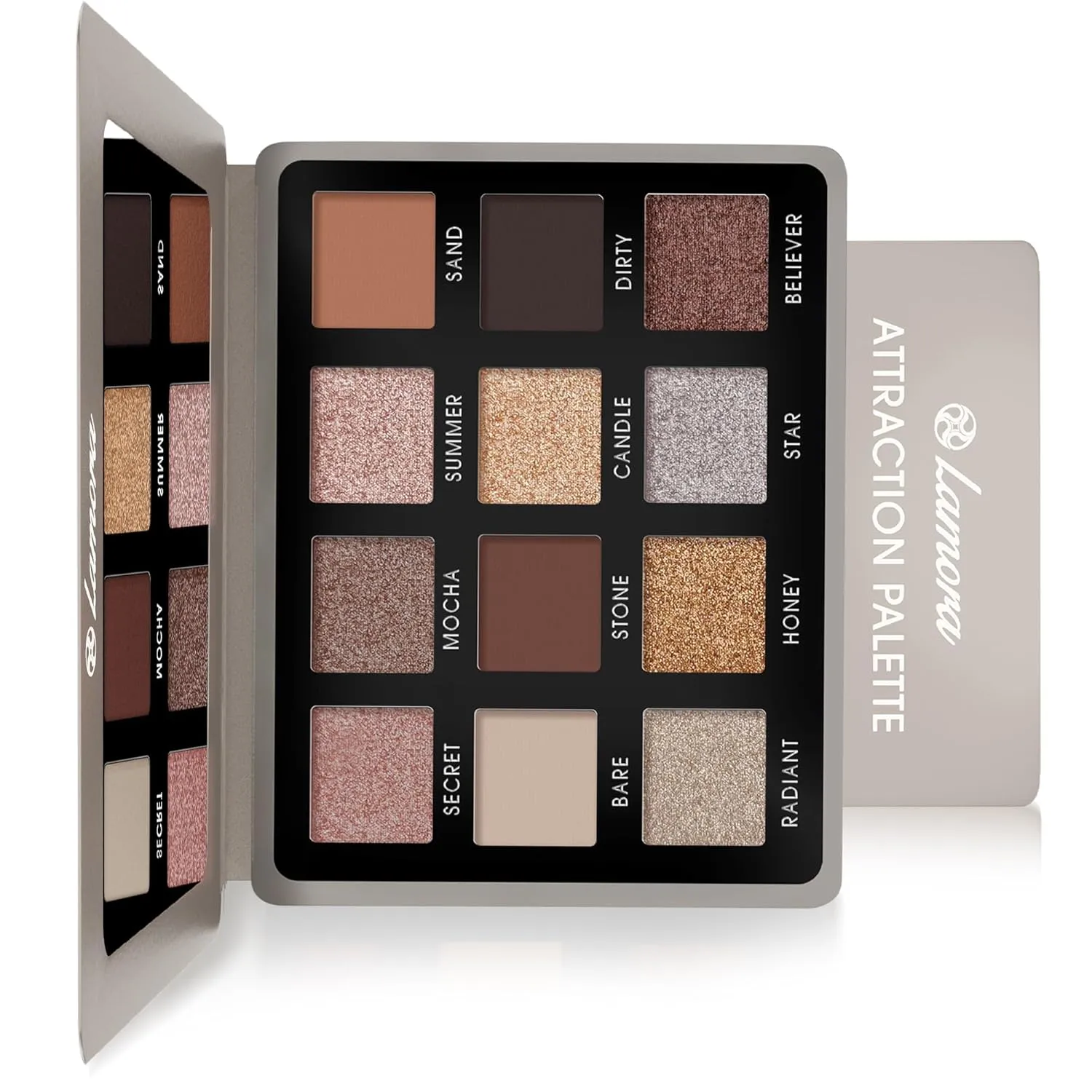 Lamora Nude Neutral Eyeshadow Palette - 12 Natural Highly Pigmented Shimmer & Matte Shades - Travel Size Makeup Palette with Mirror