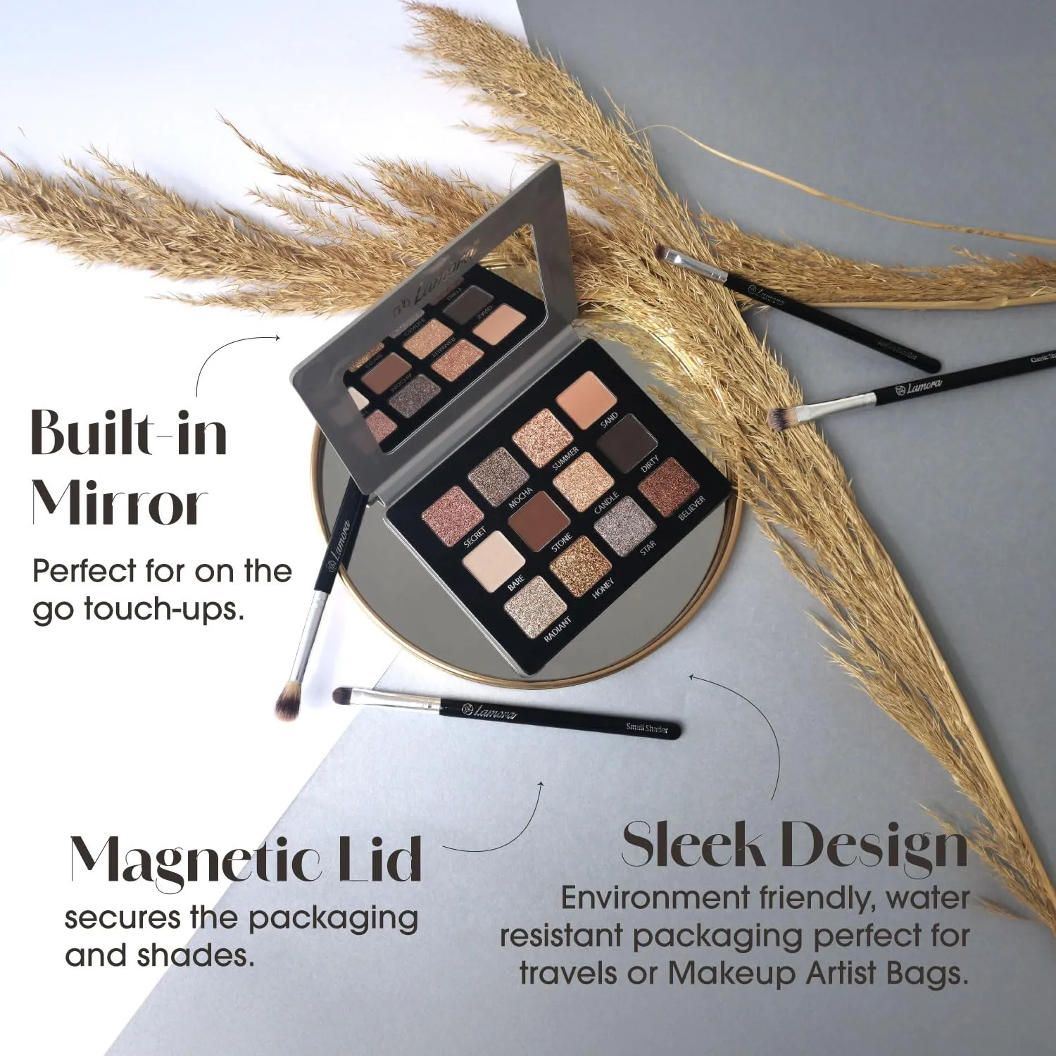 Lamora Nude Neutral Eyeshadow Palette - 12 Natural Highly Pigmented Shimmer & Matte Shades - Travel Size Makeup Palette with Mirror