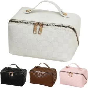 Large Capacity Makeup Bag Portable Travel Cosmetic Bag for Women Girls Gift Makeup Pouch Portable Zipper Bag (White Checkered - upgrade)
