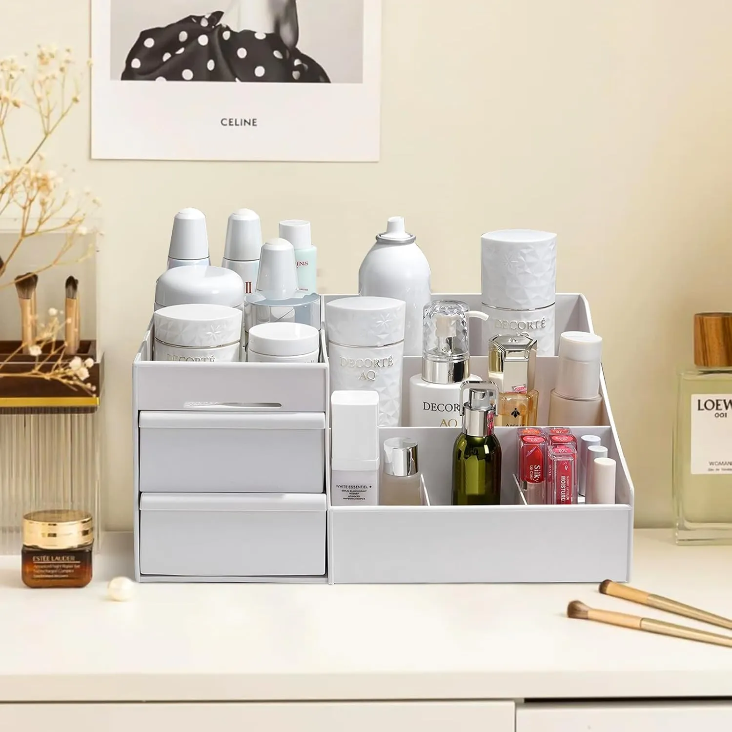 Large Makeup Organizer with Drawers - Multi-Functional Vanity and Countertop Storage for Cosmetics, Skincare, Perfume, Nail Polish, Brushes - Compact Desk and Bathroom Organizer for Women’s Gifts