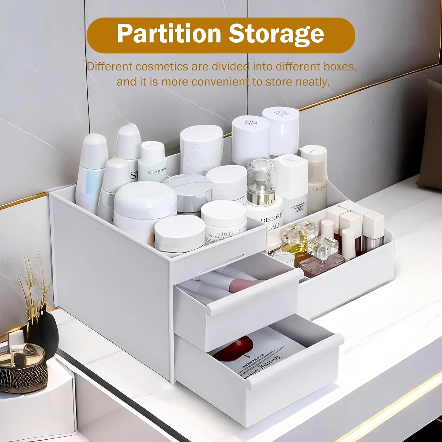 Large Makeup Organizer with Drawers - Multi-Functional Vanity and Countertop Storage for Cosmetics, Skincare, Perfume, Nail Polish, Brushes - Compact Desk and Bathroom Organizer for Women’s Gifts