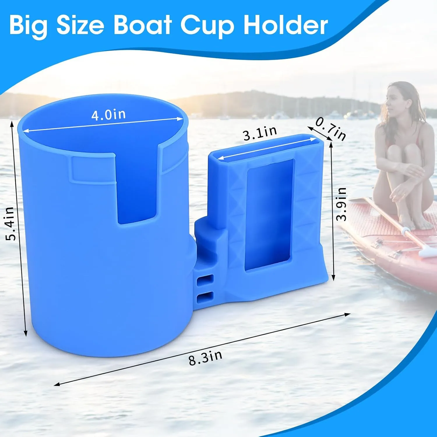 Large Non-Tipping Paddle Board Cup Holder with Phone Holder Kayak Accessories,2 in 1 Stand Up Paddleboard Drink Holder Multi-Functional Anti Spill,Silicone Sup Drink Holder Grip Boarding(Blue)