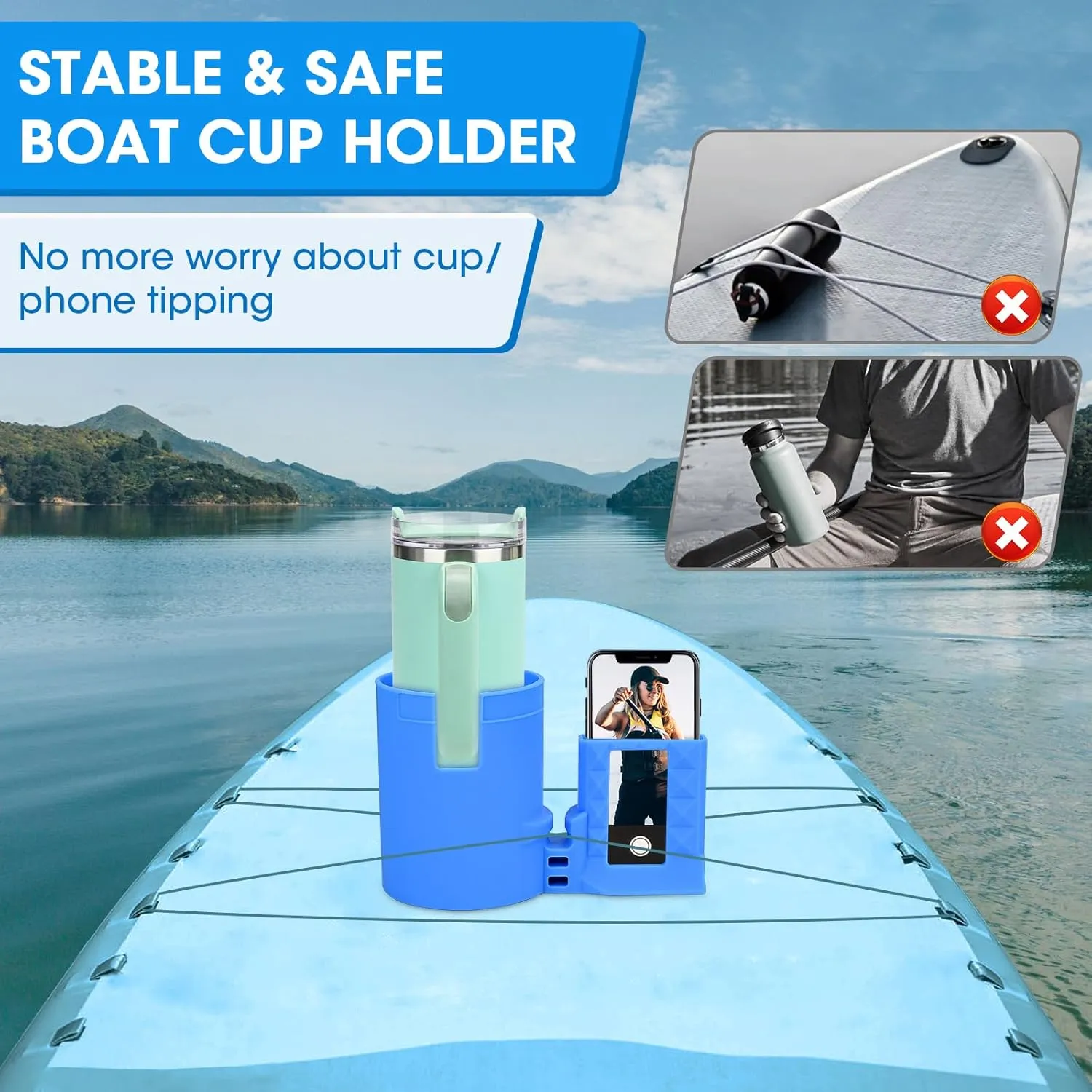 Large Non-Tipping Paddle Board Cup Holder with Phone Holder Kayak Accessories,2 in 1 Stand Up Paddleboard Drink Holder Multi-Functional Anti Spill,Silicone Sup Drink Holder Grip Boarding(Blue)