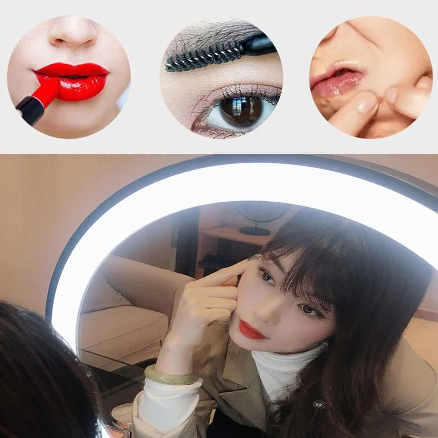 Large Round Mirror Lighted Makeup Mirror, LED Makeup Mirror ，Round Tabletop Desktop Smart Touch Control Lighted Up Mirror for GirlBlack,30cm