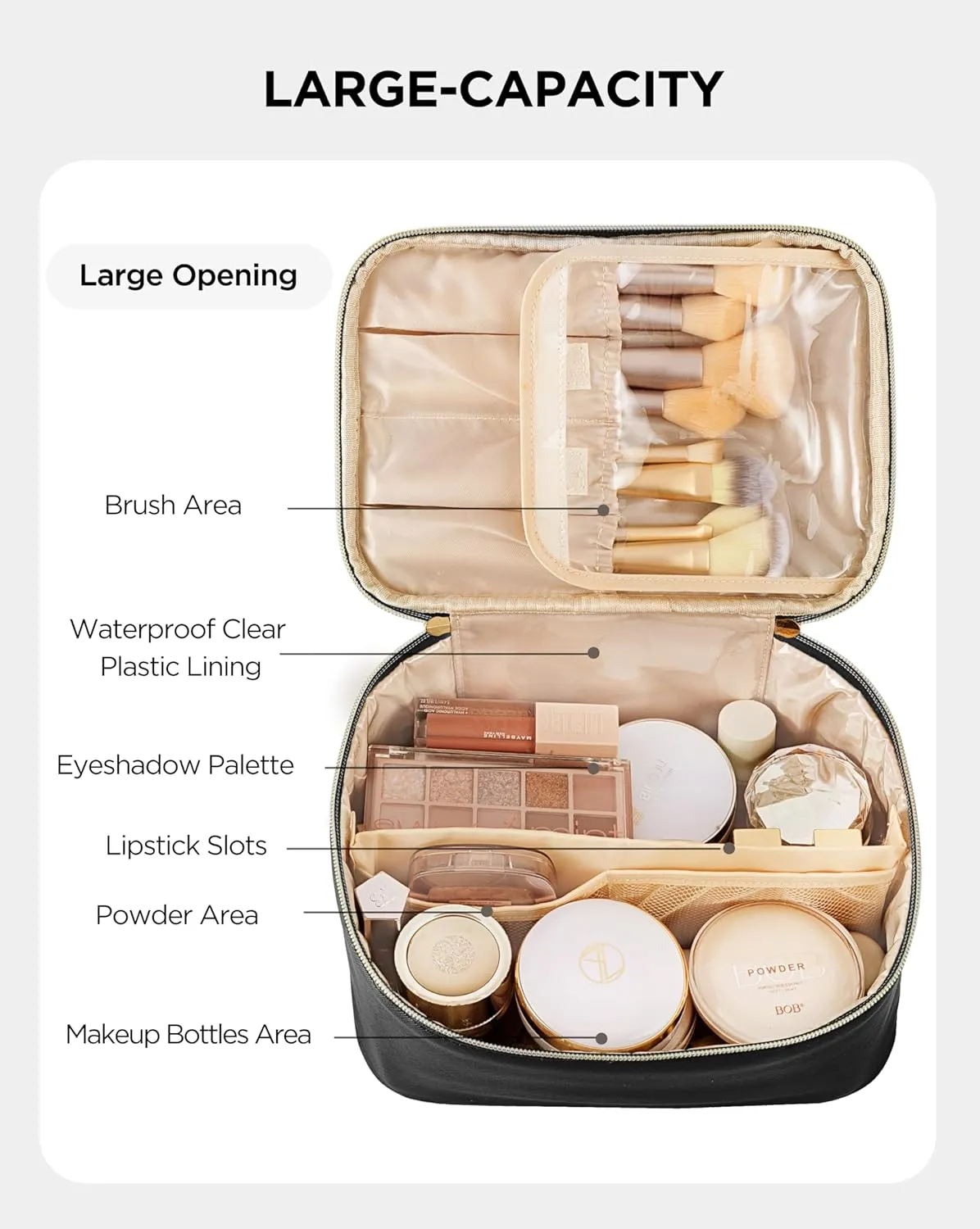 Large Travel Makeup Bag Organizer with Removable Dividers, Waterproof Leather Cosmetic Case, Black