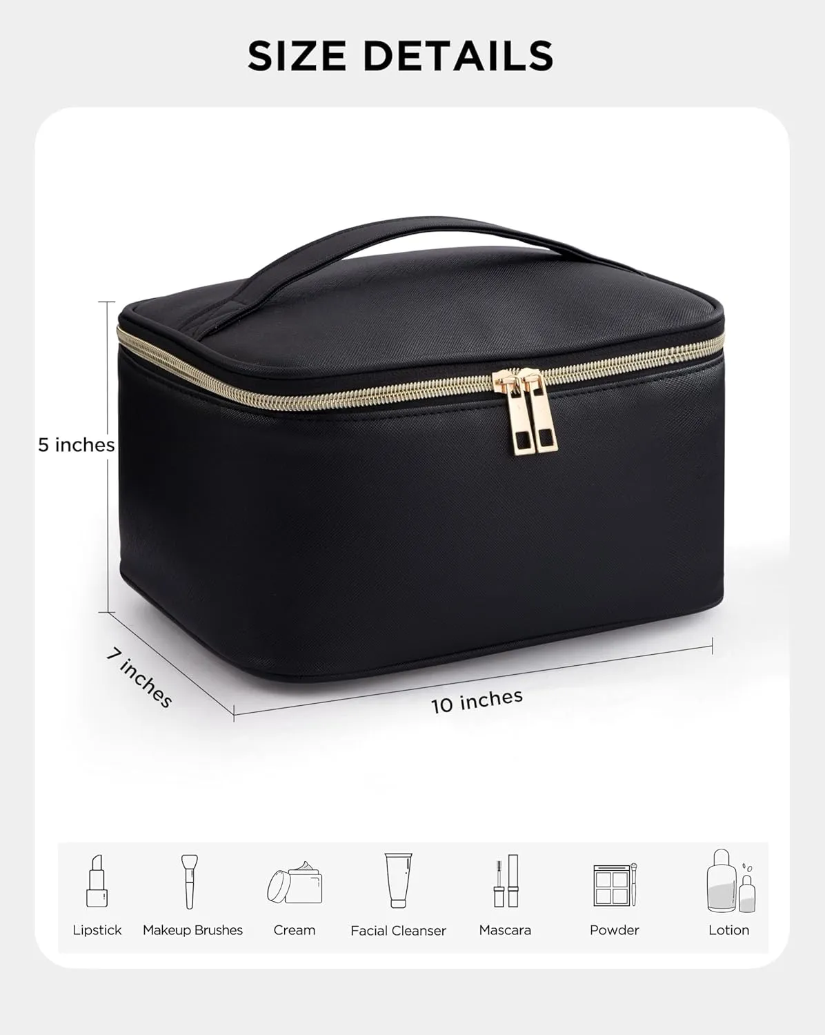 Large Travel Makeup Bag Organizer with Removable Dividers, Waterproof Leather Cosmetic Case, Black