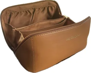 Large Travel Makeup Bag – Waterproof Cosmetic Case, Portable Beauty Organizer with Fixed Divider, Spacious Toiletry Bag for Skincare, Brushes & Accessories, Durable Handle, Open Flat(Caramel I)