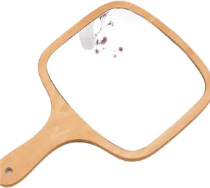 lasenersm 1 Piece Wooden Makeup Mirror Curved Edge Square Handheld Mirror with Handle Single Side Cosmetic Mirror Vanity Handheld Mirror Handheld Vanity Mirror, 8.66 x 12.8 Inches, Wooden