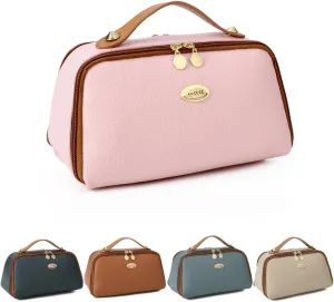 LAVTUG Travel Makeup Bag Large Capacity Cosmetic Bag for Women Waterproof Leather Make Up Organizer with Compartments & Handle Designer Lay Flat Toiletry Bags with Zipper