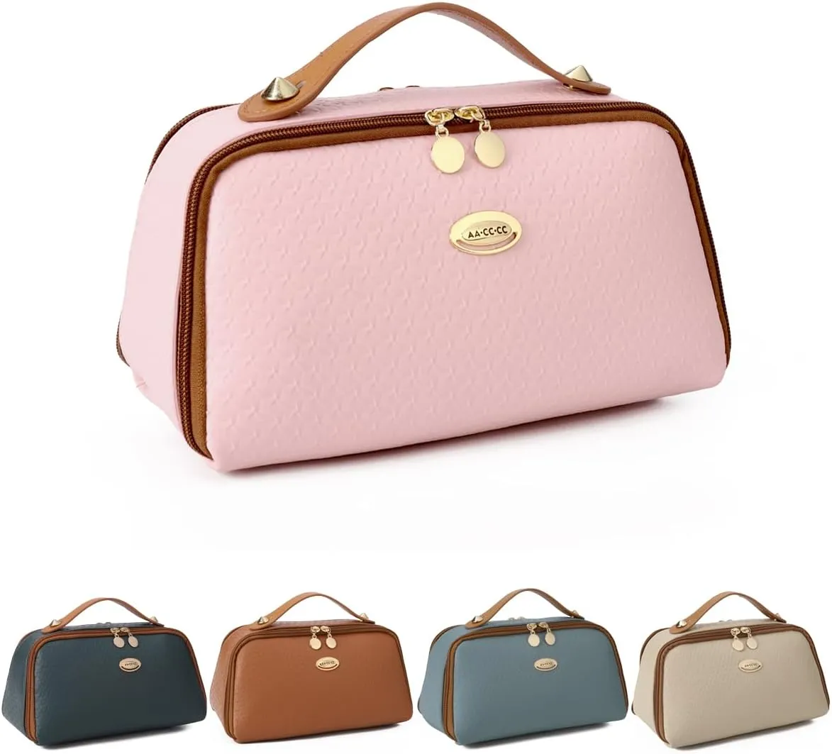 LAVTUG Travel Makeup Bag Large Capacity Cosmetic Bag for Women Waterproof Leather Make Up Organizer with Compartments & Handle Designer Lay Flat Toiletry Bags with Zipper