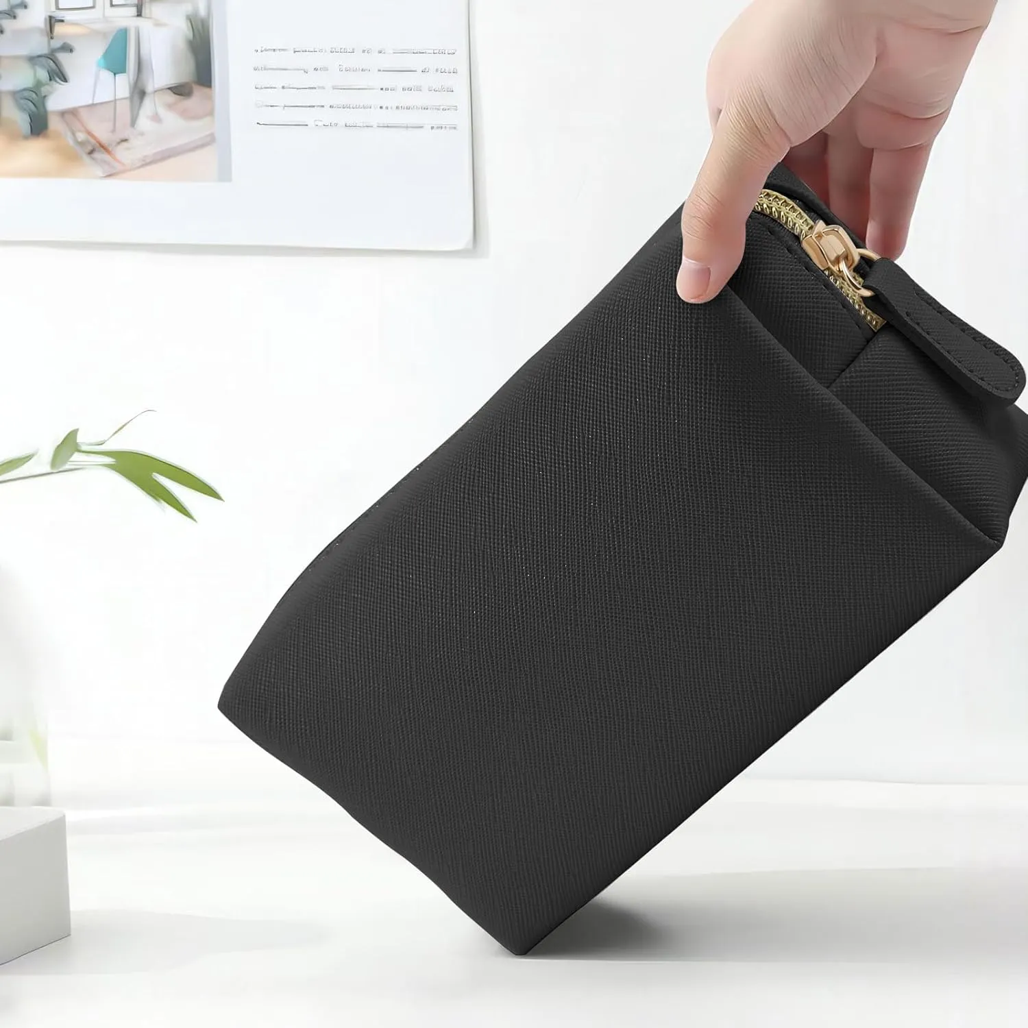Leather Makeup Bag for Purse Travel, Portable Small Cosmetic Organizer for Women and Girls, Make up Bag with Zipper (Black)