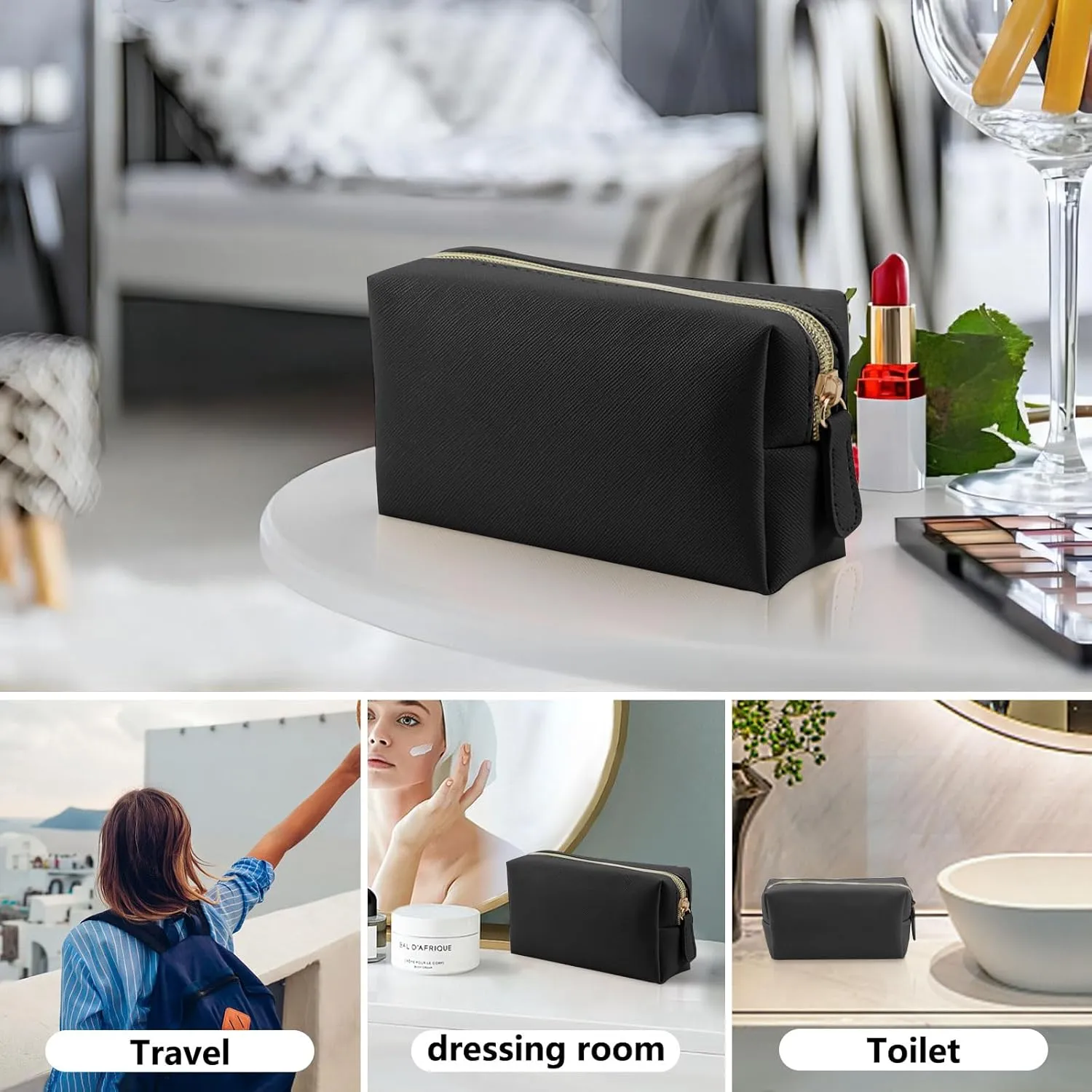Leather Makeup Bag for Purse Travel, Portable Small Cosmetic Organizer for Women and Girls, Make up Bag with Zipper (Black)
