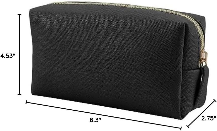 Leather Makeup Bag for Purse Travel, Portable Small Cosmetic Organizer for Women and Girls, Make up Bag with Zipper (Black)