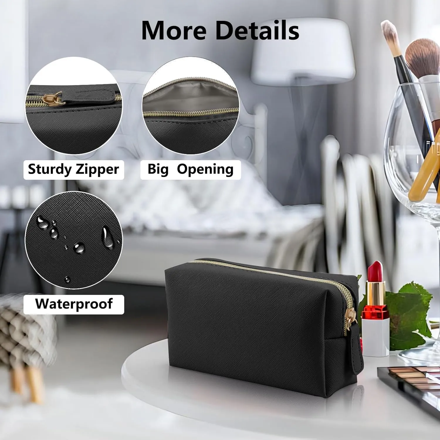 Leather Makeup Bag for Purse Travel, Portable Small Cosmetic Organizer for Women and Girls, Make up Bag with Zipper (Black)