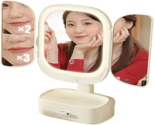 Led Makeup Mirror with Light Desktop Smart Dressing Table Mirror Portable Folding Storage Box