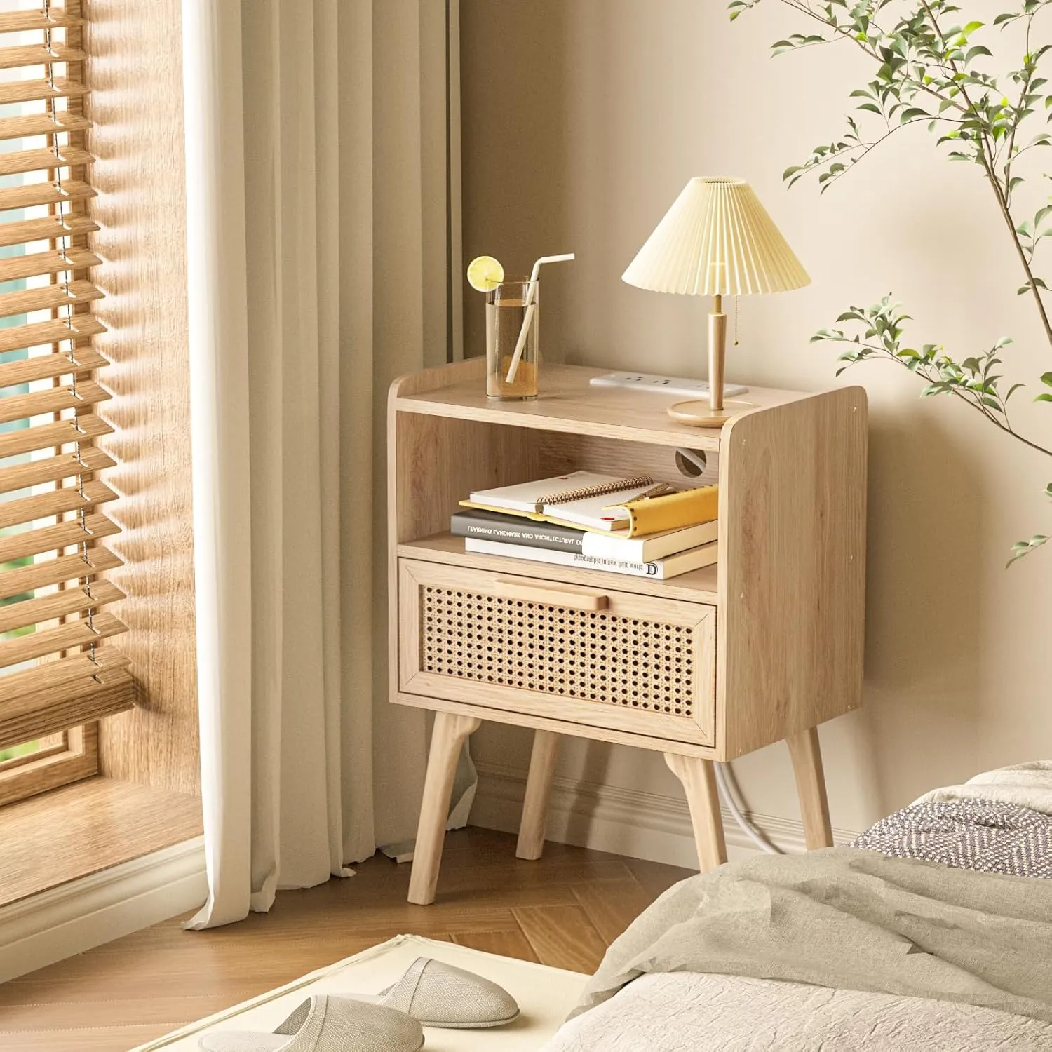 Lerliuo Rattan Nightstand with Charging Station, Boho Night Stand with Handmade Natural Rattan Drawer and Open Shelf, Cane Accent Side End Tables with Solid Wood Legs for Bedroom, Dorm, Small Spaces