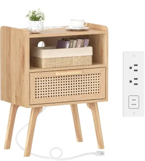 Lerliuo Rattan Nightstand with Charging Station, Boho Night Stand with Handmade Natural Rattan Drawer and Open Shelf, Cane Accent Side End Tables with Solid Wood Legs for Bedroom, Dorm, Small Spaces
