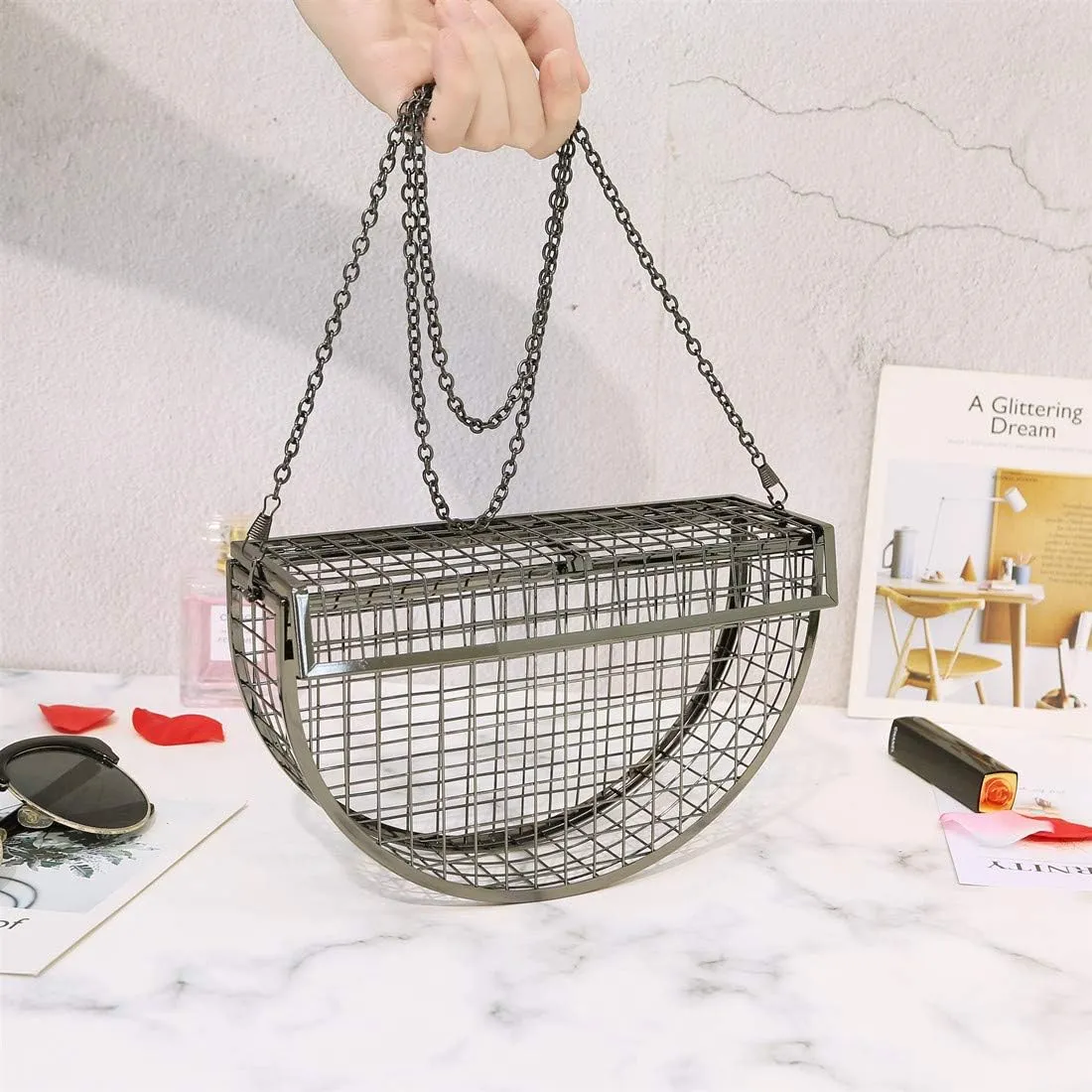 LETODE Women's Elegant Chain Cross-body Bag Metal Hollow Cage Clutch