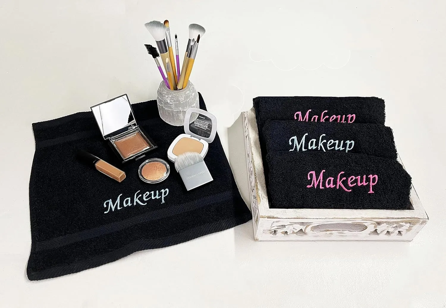 Liberty21 Makeup Embroidered Towel Set for face. 100% Soft Cotton. Facial Makeup Remover Washcloths. Reusable Face Towel Set of Four. (Blue & Pink Embroidery)
