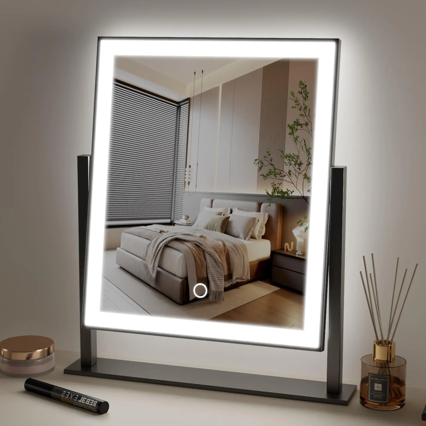Lighted Makeup Mirror Hollywood Mirror Vanity Makeup Mirror with Light Smart Touch Control 3Colors Dimable Light 360°Rotation (16in, Black)