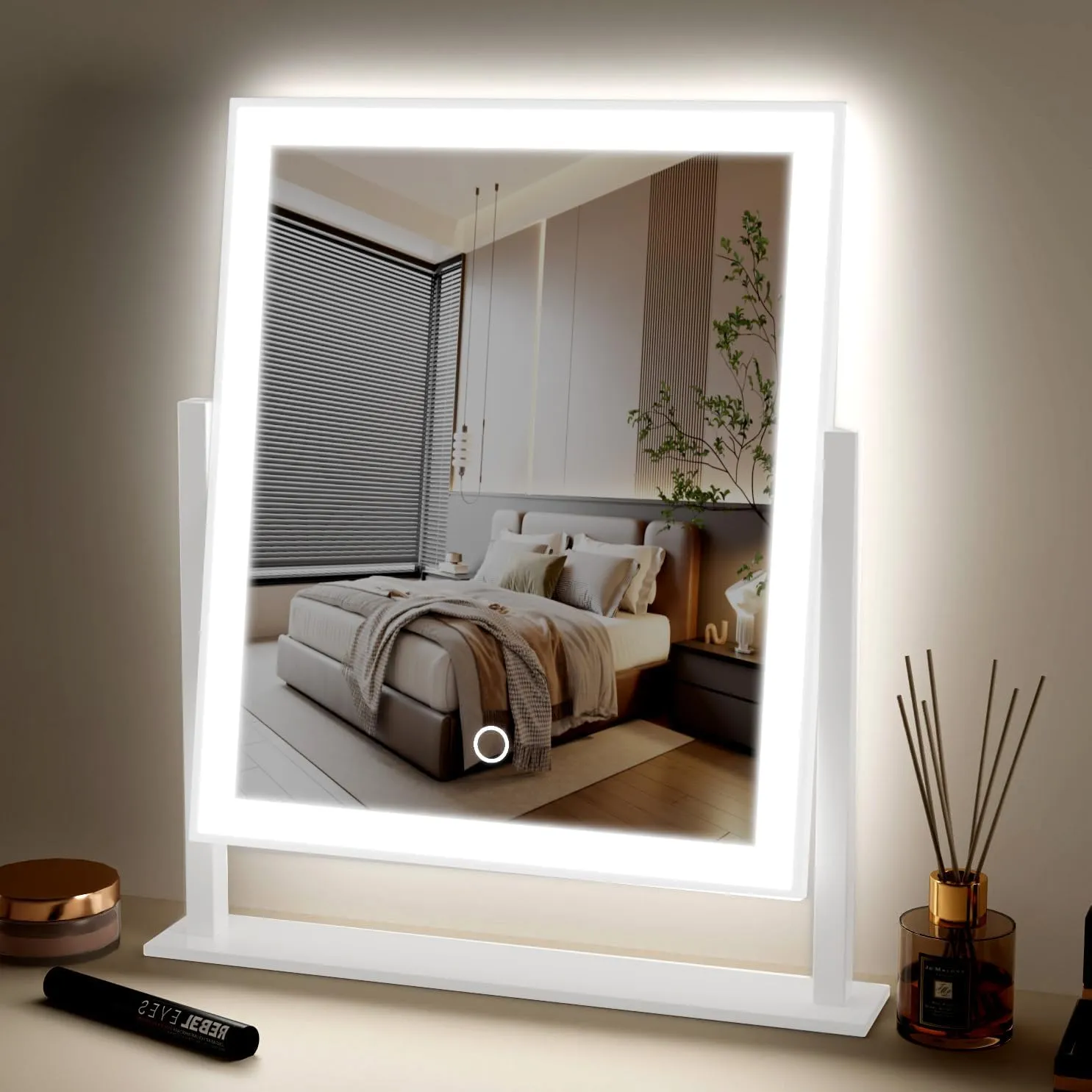 Lighted Makeup Mirror Hollywood Mirror Vanity Makeup Mirror with Light Smart Touch Control 3Colors Dimable Light 360°Rotation (16in, White)