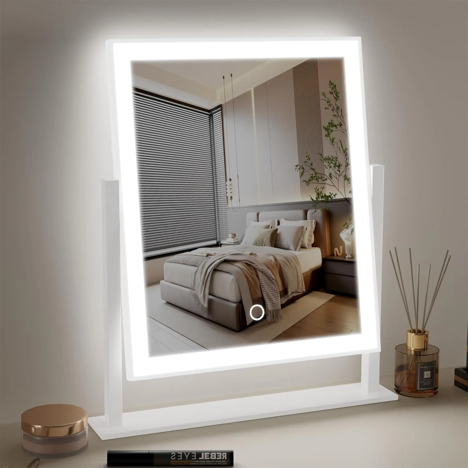 Lighted Makeup Mirror Hollywood Mirror Vanity Makeup Mirror with Light Smart Touch Control 3Colors Dimable Light 360°Rotation (16in, White)