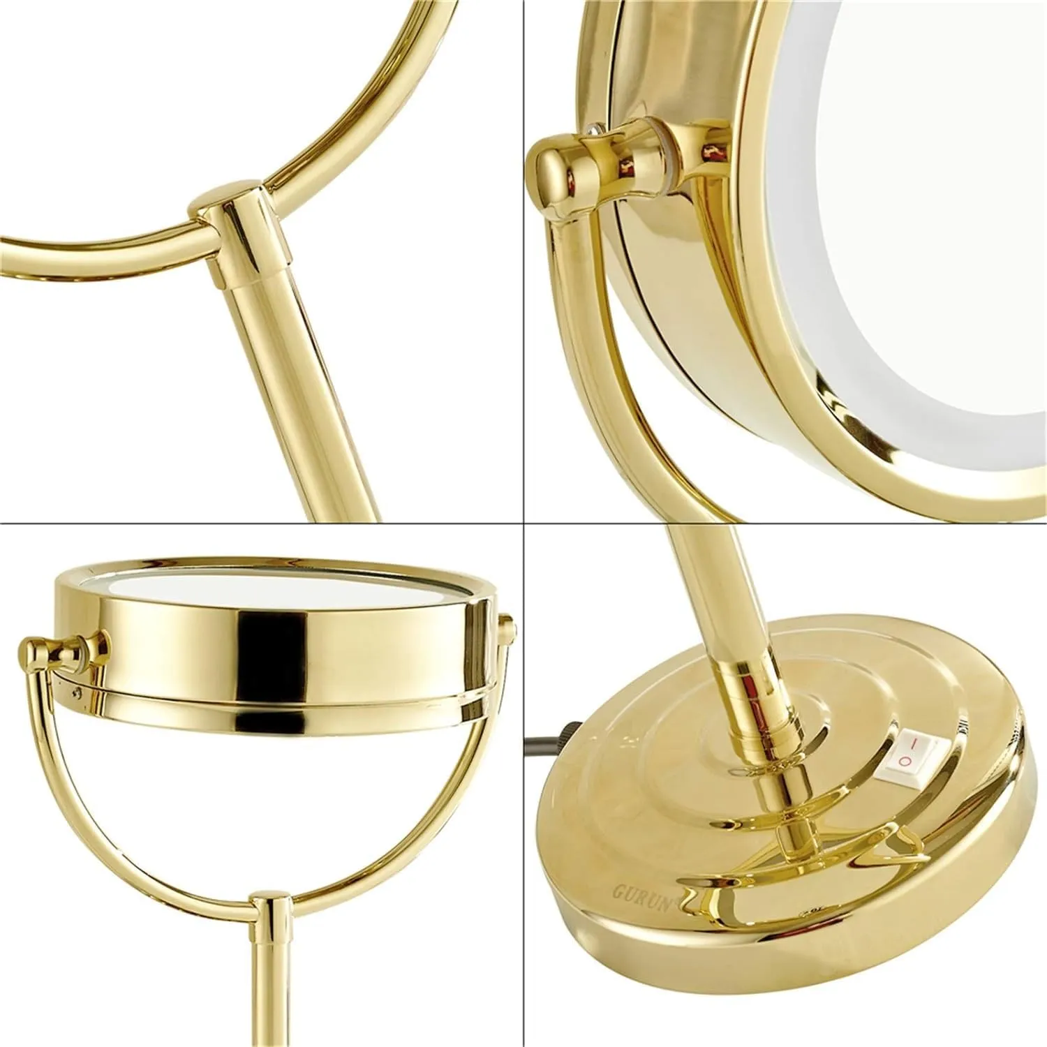 Lighted Makeup Mirror, LED Vanity Mirror, Makeup Mirror with Lights, 8 Inch Brass Double Sided Led Mirror, Magnification Countertop Vanity Mirrors, 360° Rotation Illuminated Cosmetic Mirror with Swit