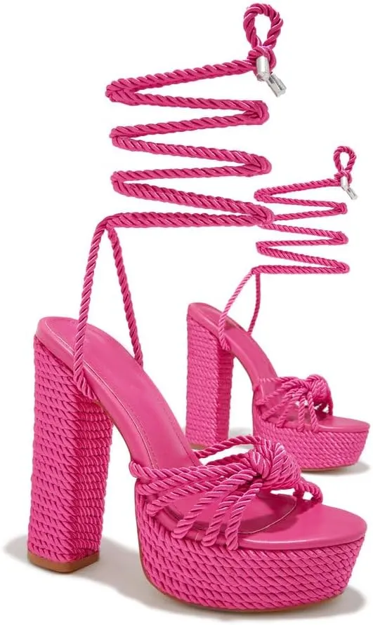 Liliana Women's Round Toe Rope Lace Up Platform Block High Heels
