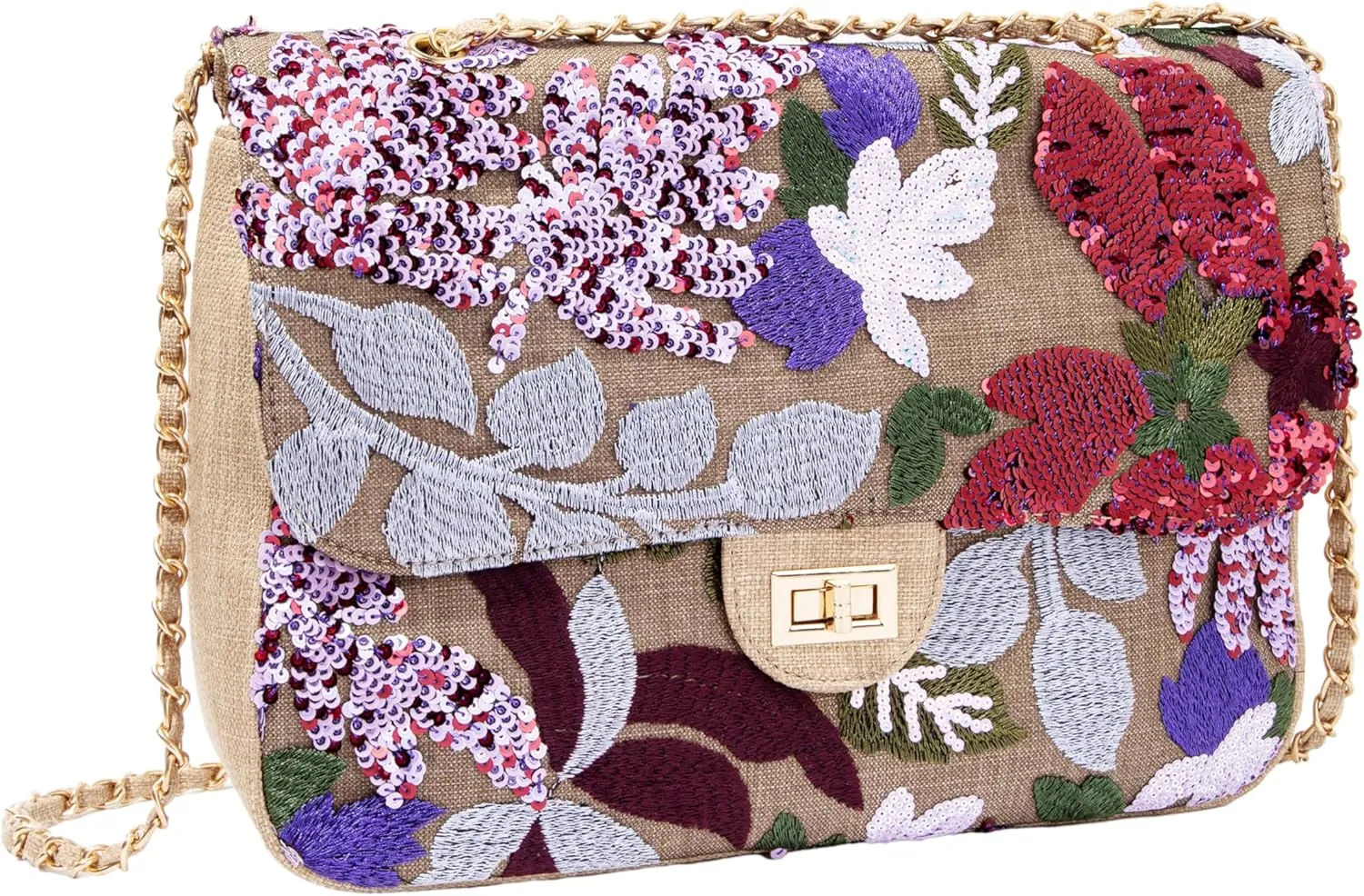 Linen Sequin Embroidered Floral Shoulder Bag with Turn-Lock Flap for Wedding Party