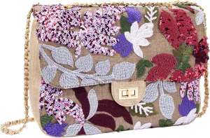Linen Sequin Embroidered Floral Shoulder Bag with Turn-Lock Flap for Wedding Party