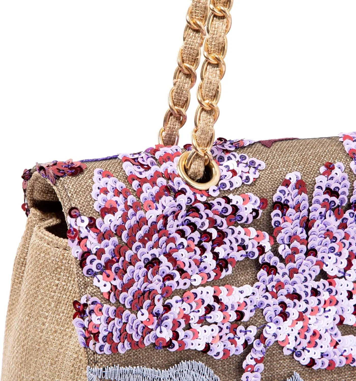 Linen Sequin Embroidered Floral Shoulder Bag with Turn-Lock Flap for Wedding Party