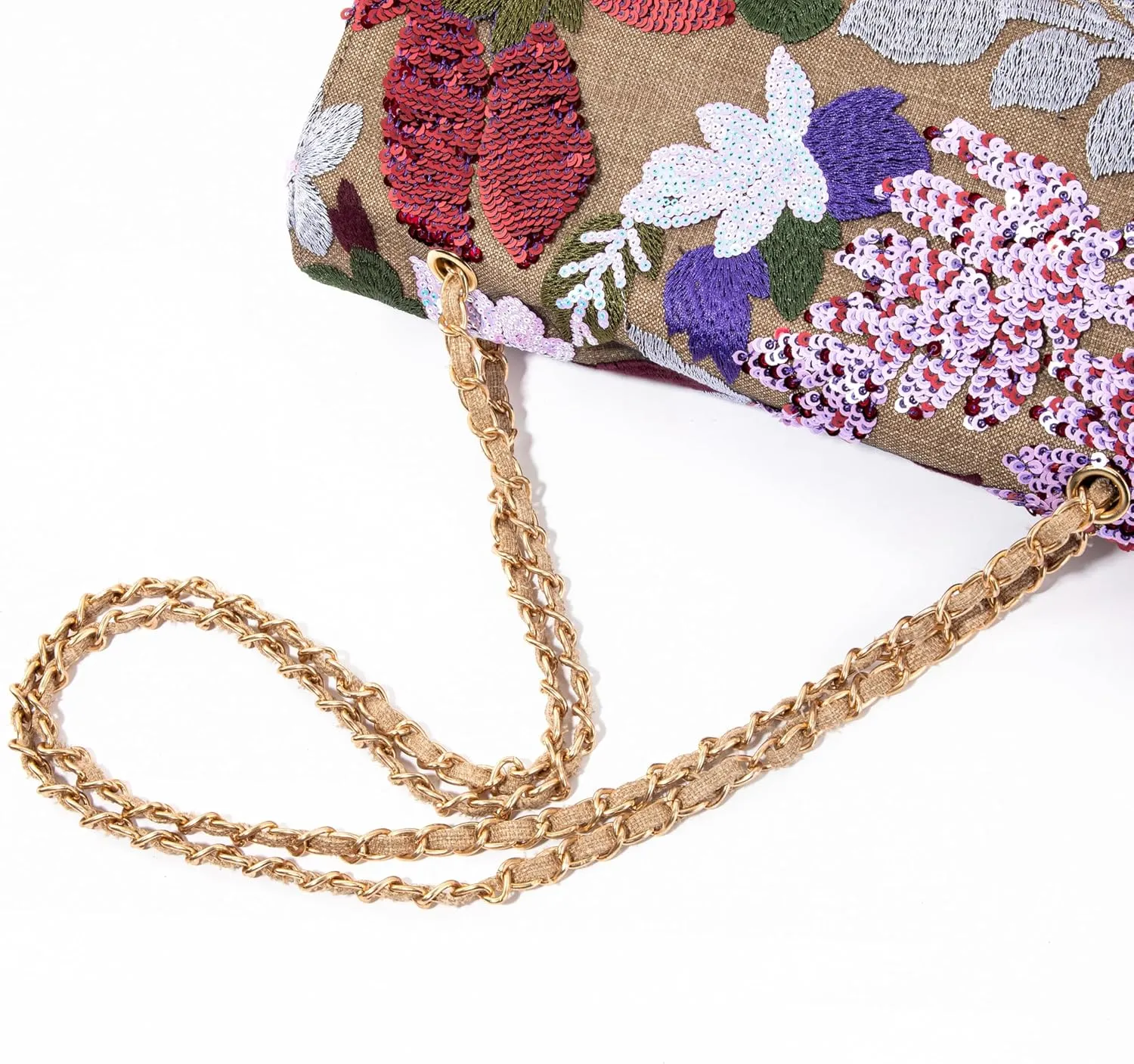 Linen Sequin Embroidered Floral Shoulder Bag with Turn-Lock Flap for Wedding Party