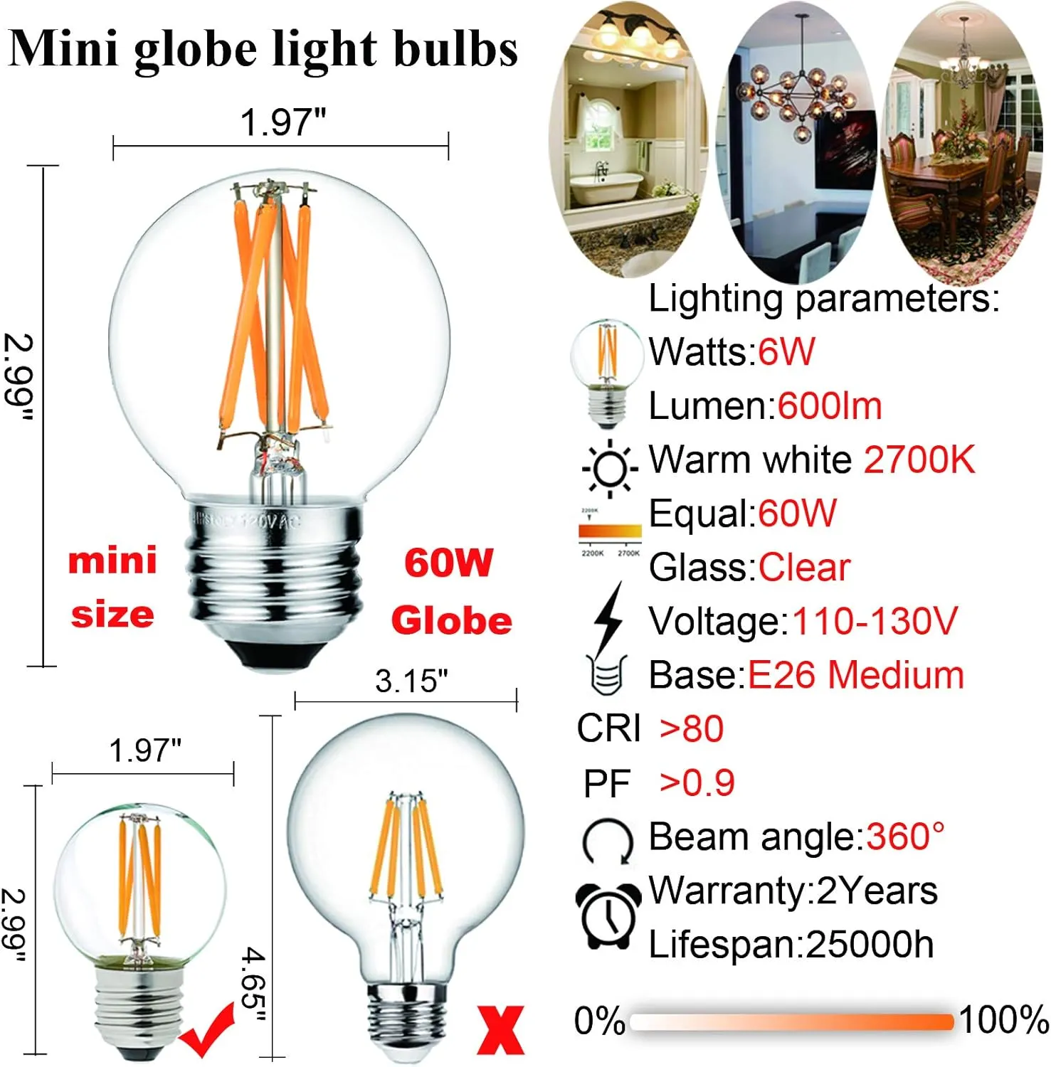 LiteHistory Dimmable Wall sconces Edison Bulb G16.5 6W Equal 60 watt AC120V Warm 2700K E26 Light Bulb for Pendant,Chandeliers,Vanity, 600lm 6Pack
