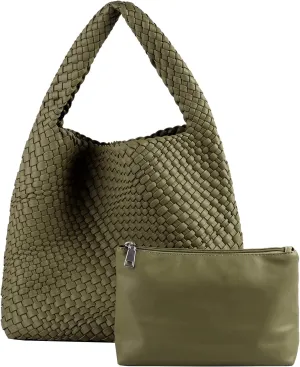 LMKIDS Women Vegan Leather Hand-Woven Tote Handbag Fashion Shoulder Top-handle Bag All-Match Underarm Bag with Purse