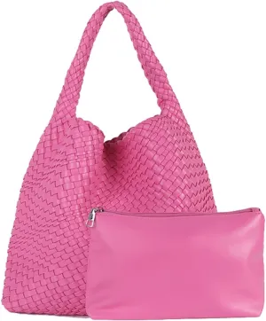 LMKIDS Women Vegan Leather Hand-Woven Tote Handbag Fashion Shoulder Top-handle Bag All-Match Underarm Bag with Purse