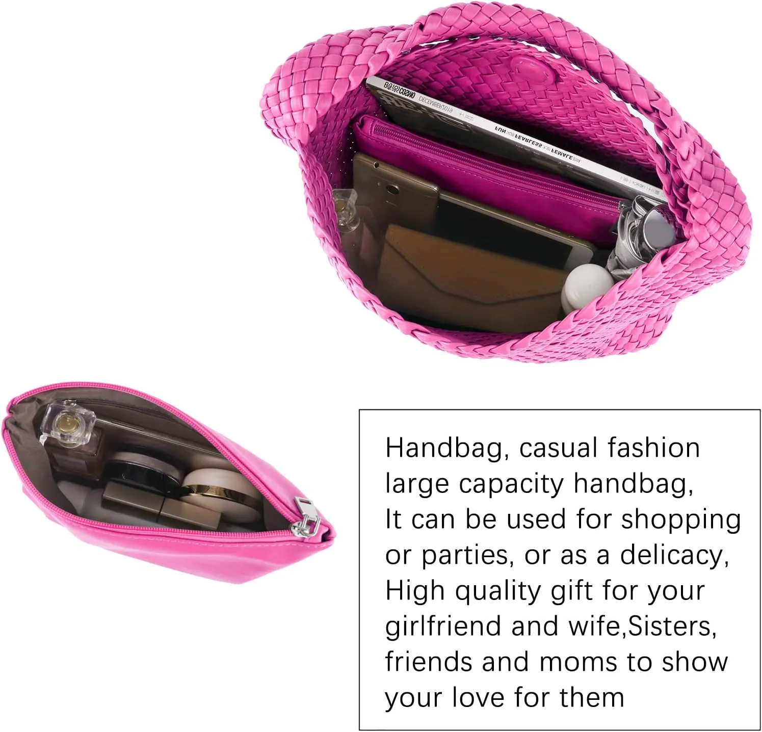 LMKIDS Women Vegan Leather Hand-Woven Tote Handbag Fashion Shoulder Top-handle Bag All-Match Underarm Bag with Purse